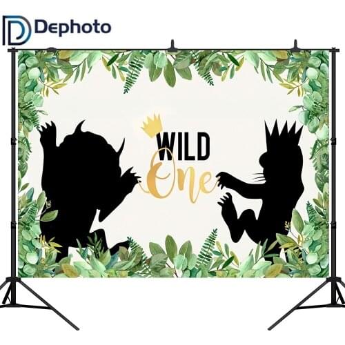 DePhoto Birthday Party Photography Backgrounds Baby Shower Wild One Jungle Party Animals Green Leaves Kids Banner Photocall