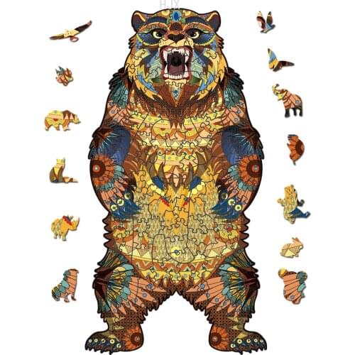 Funny Bear Wooden Jigsaw Puzzle Animal Puzzles Educational Stress Relief Learning Toys for Kids Boy Girl Children Adult Wood Toy