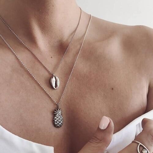 Retro Double-layer Shell Pineapple Pendant Necklace Exquisite Female Gold Fruit Clavicle Chain Fashion Womens Party Jewelry