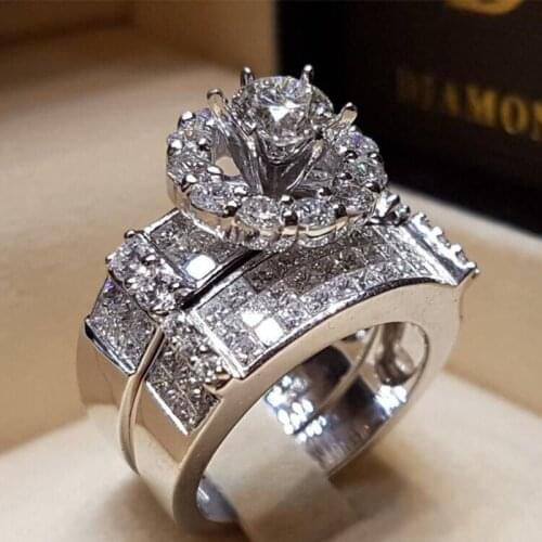 Elegant Romantic Female Crystal White Round Ring Set Luxury Silver Engagement Ring Vintage Bridal Wedding Rings For Women