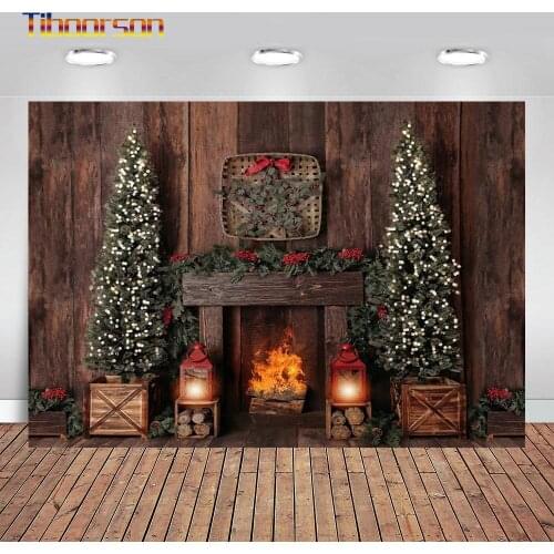 Christmas Backdrop Vintage Fireplace Flame Christmas Trees Wood Board Birthday Photo Background For Photography Studio