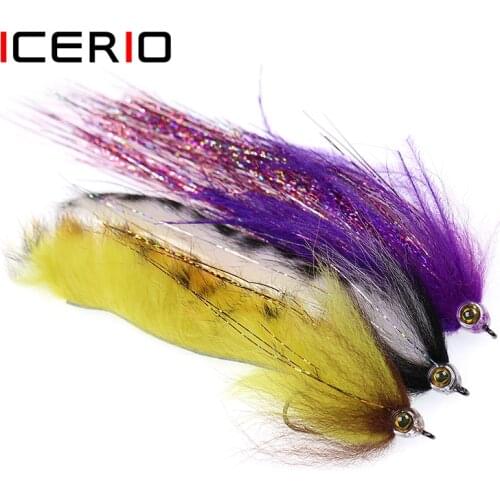 ICERIO 1Piece Fish Skull Rainbow Zonker Streamers Saltwater Flies Trout Bass Fishing Fly Lure Baits 2/0