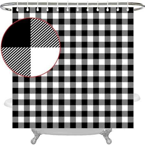 Check Plaid Shower Curtain Farmhouse Bathroom Decor with Hooks Black White 72 x 72 Inches