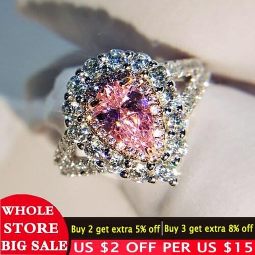 LMNZB 100% 925 Sterling Silver Lady Ring Romantic Pink Water Droplets-Shaped Zircon Rings for Wedding Party Gift Wholesale LR249