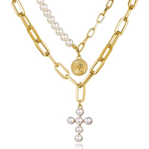 Creative New Round Metal Pearl Cross Necklace Pendant Women Fashion Gold Color Double Layer Clavicle Chokers Necklaces