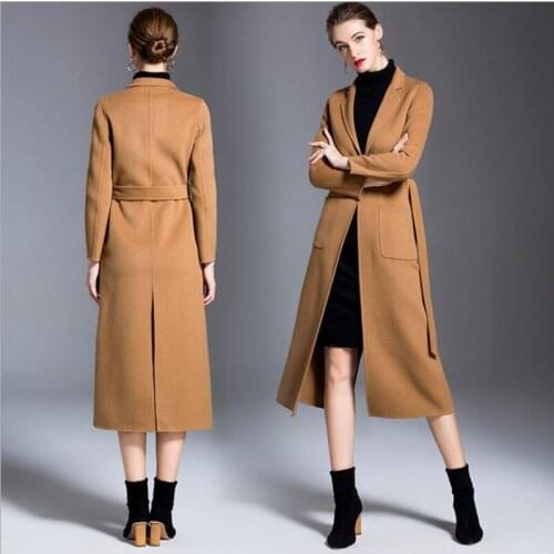 Female Winter Woolen tailored collar Overcoat Double Face Cashmere Long Outerwear Women Autumn Thick Black Jacket Medium Coat