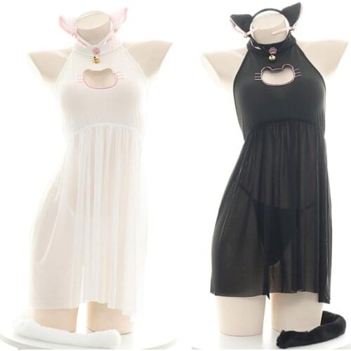 Lolita Girl Cute Cat Maid Dress Pajamas Uniform Kawaii Neko Cosplay Costume Cat Paw Hollow Out Chest Sleepwear Dropship