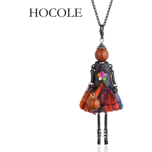 HOCOLE 2018 Fashion Doll Pendant Necklace Rhinestone Lovely Dress Cute Women Doll Necklace Crystal Flower Statement Jewelry
