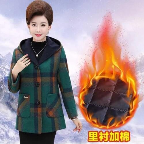 2021Fashion Blended Woolen Coat Middle-aged and Elderly Womens Coat Autumn Winter Thick Warm Wool Coat Plaid Jacket Outwear 5XL