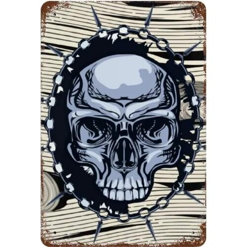 NoBrands Vintage Retro Metal Tin Sign Wall Decor Art Evil Skull Head Chain Skull Wooden Background Home Decor Plaque Poster Man