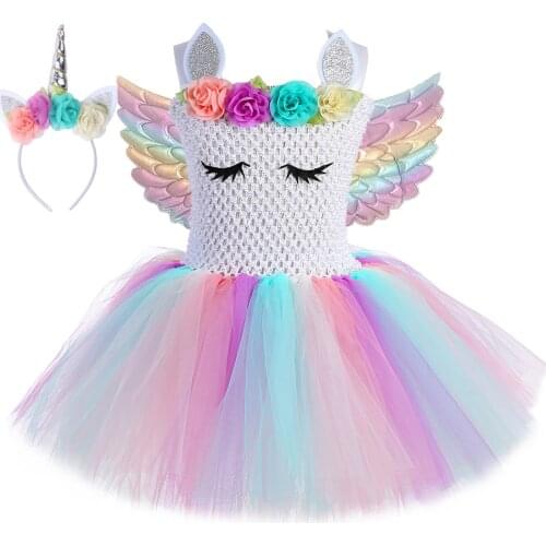 Unicorn Dress for Girls Birthday Party Clothes Pastel Flowers Tulle Princess Tutu Dress Halloween Cosplay Costume for Kids 1-14Y