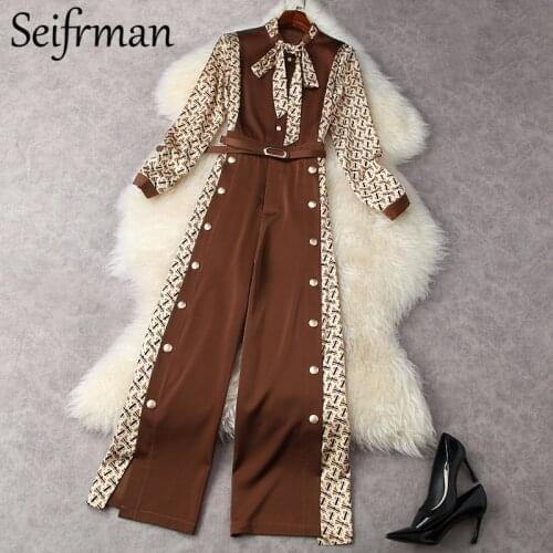 Seifrmann New 2021 Summer Women Fashion Designer Jumpsuit Lantern Sleeve Bow Sashes Vintage Printed Wide Leg Trousers Romper
