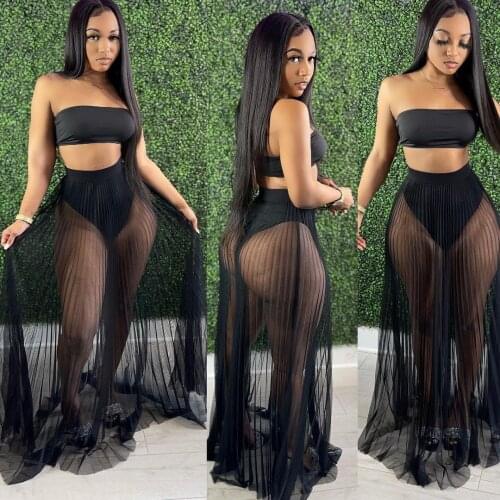 Strapless Crop Top Sheer Mesh See Through Pleated Long Skirt Two Piece Set Beach Vacation Holidays Summer Matching Set