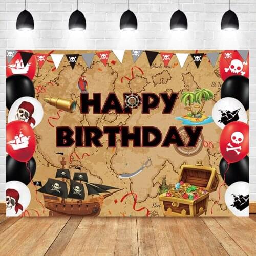 Vinyl Backdrop Happy Birthday Party Baby Cartoon World Treasure Map Pirate Ship Adventature Child Portrait Photo Backgrounds