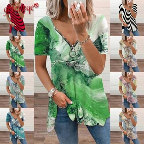2021 Summer Womens Clothing Short Sleeve Stripes 3D Printing Top Camouflage Zipper V-neck T Shirt Casual Plus Size Tees Femme
