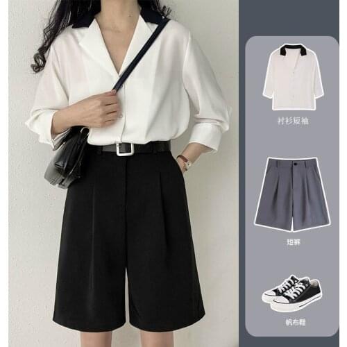 Womens Summer Loose Slimming Ultra-High Waist 5-Point A- line Wide Leg Straight