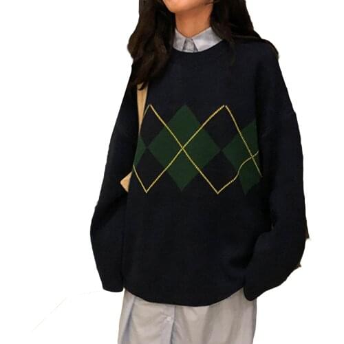 Women Crew Neck Oversized Sweaters Casual Long Sleeve Argyle Print Knit Pullovers