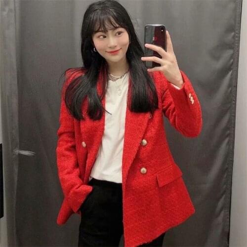 ZXQJ Women 2021 Fashion Double Breasted Tweed Blazer Coat Vintage Long Sleeve Pockets Female Outerwear Chic Suit Coat