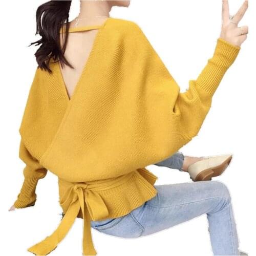 Winter backless sexy sweater women v neck lantern sleeve loose knitted pullovers autumn solid casual knitting jumpers tops