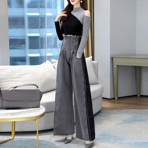 Vintage Suit Wear Long Sleeve Knitted Spliced Tshirt Top & Patchwork Wide Leg Jeans Pants Women Sets Loose Casual 2 Piece Set