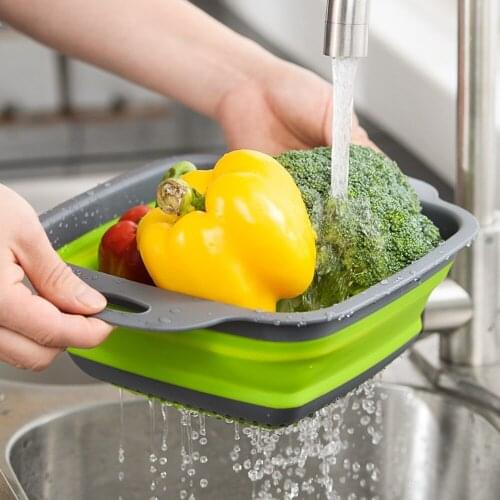 2 pcs Square Draining Basket Collapsible Colander Silicone Kitchen Storage Bag Fruit and Vegetable Basket Folding Filter