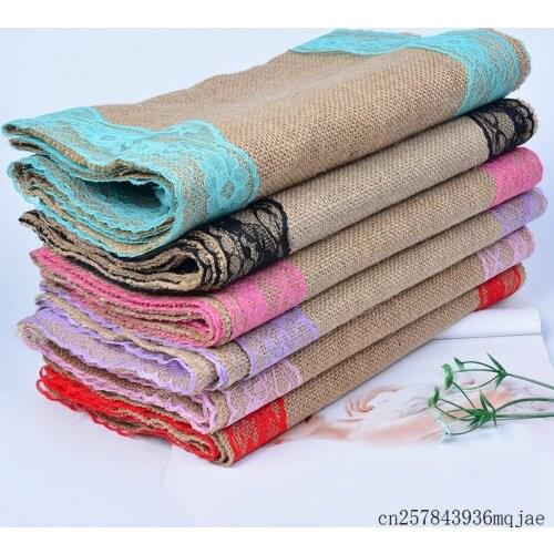 20 Pcs Burlap Jute Table Runner lace Vintage Wedding Champagne Table Runners for Christmas Party Wedding Decoration 30x275cm