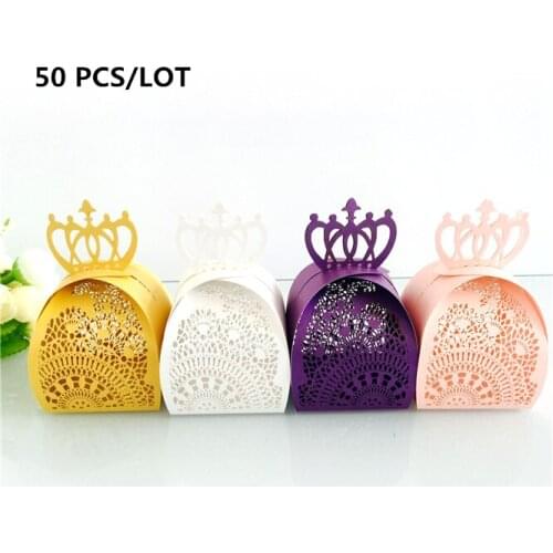 50Pcs/lot Wholesales Laser Cut Flower Hollow Crown Wedding Candy Box Wedding Gift For Guest