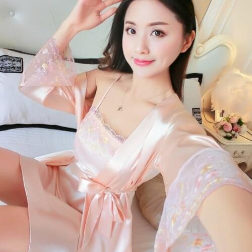 Satin Silky Sleepwear Kimono Bathrobe Gown Women Sexy 2PCS Nighty&Robe Set Lace Patchwork Intimate Lingerie Nightgown Nightwear