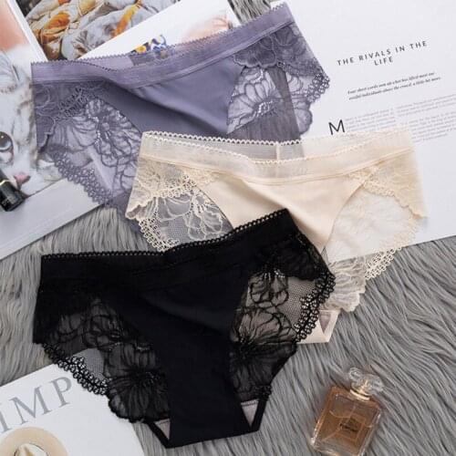 Ice Silk Seamless Lace Panties For Women Underwear Girly Transparent Lace Pure CottonBreathable Low-waist Briefs for Ladies