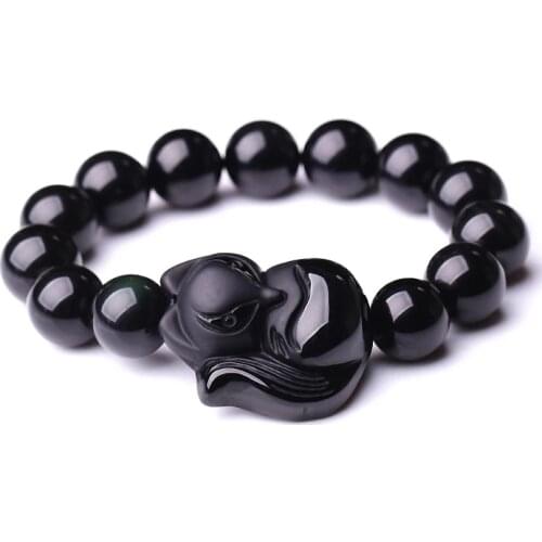 Natural Stone Black Obsidian Fox Pendant Beaded Bracelet 8-14mm Lucky Bracelets Single Lap Hand String Bangle Gift For Men Women