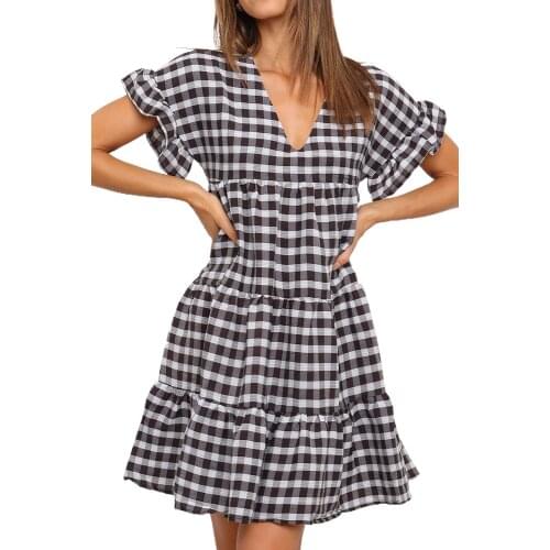 Black Ruffled Short Sleeves Plaid Print Tiered Swing Dress Outfits