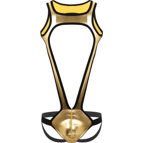 Men Wide Straps Wetlook Metallic Bodysuit Erotic Open Butt G-string Thong Penis Pouch Underwear Sex Gay Bondage Harness Lingerie