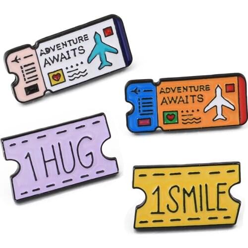 Cartoon Air Tickets Enamel Pins Adventure Awaits 1 HUG 1 SMILE Coupon Badge Brooches Fashion Custom Clothes Lapel Pin Lover Gift