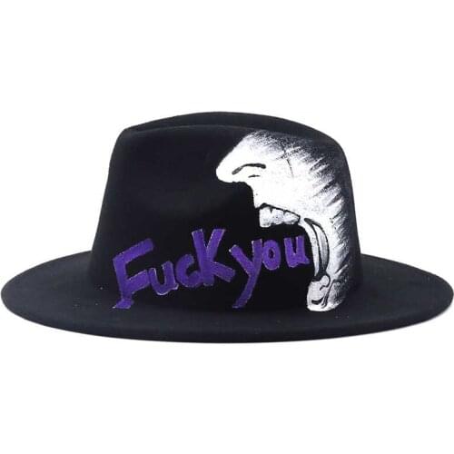 Painted NEW Handmade Wool Felt Black Fedora Hat For Women/Men Wide Brim Autumn Winter Panama Jazz Cap