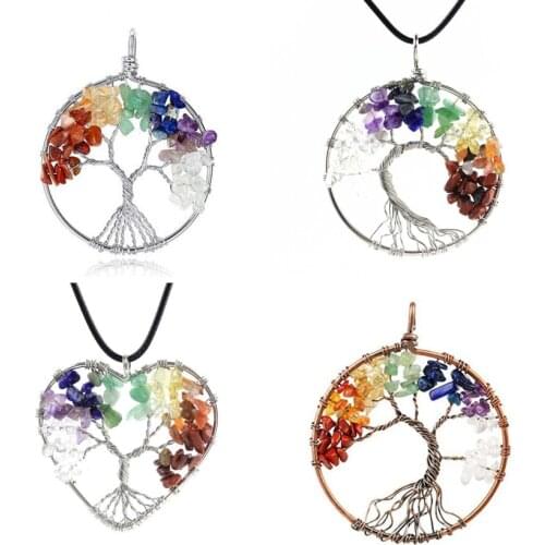 KFT Natural Tree of Life Stone Pendant Amethysts Crystal Reiki Wire Wrapped Round Heart Stone Chakra Hide Rope Necklace Jewelry