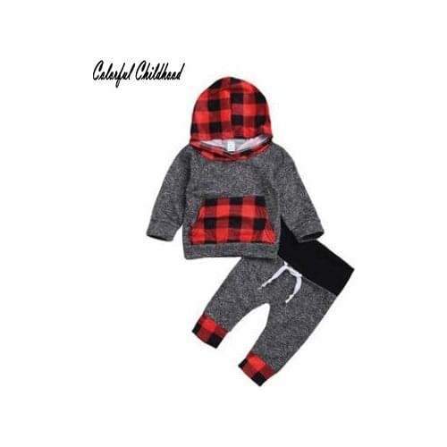 New Born Infant Baby Girl Plaid Clothes Long Sleeve Hooded Sweatshirt+Pant 2pcs Sets Baby-Boy-Clothes Outfits Clothing for 0-24m