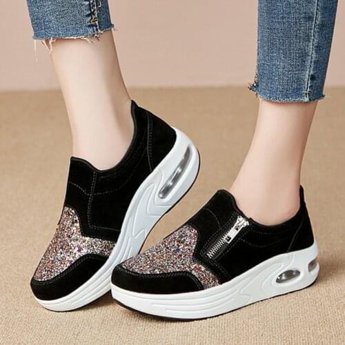 Sequins Air Cushion Running Shoes Women Rocking Shoes Breathable Slip On Platform Sneakers Athletic Shoes Heighten Slimming Shoe