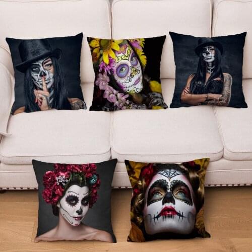 Day Of The Dead Women Print Square Cushion Cover Art Sugar Skull Pattern Pillowcase Soft Polyester Pillows Cases Sofa Home Decor