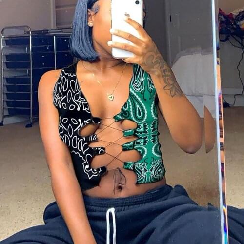 2021 New Arrival Famous Brand T-shirt Print Bandage V-neck Sleeveless Summer Sexy T-shirt