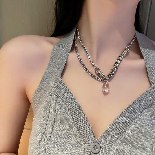 SRCOI Fashion Cuba Chain Short Necklace Clear Crystal Pendant Double Asymmetric Rhinestone Splicing Chain Clavicle Chokers Women