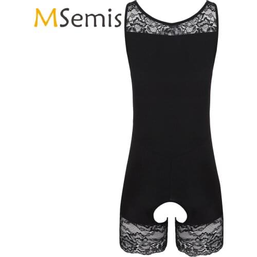 Mens Lingerie Crotchless Sissy Bodysuit Lace Patchwork Bodycon Sleepwear Underwear Scoop Neck Sleeveless Bodyshaper Nightwear