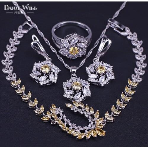 Many Colors Fashion Silver Color Jewelry Set Yellow Cubic Zircon & Crystal pendant/Women earrings/necklace/Rings Set
