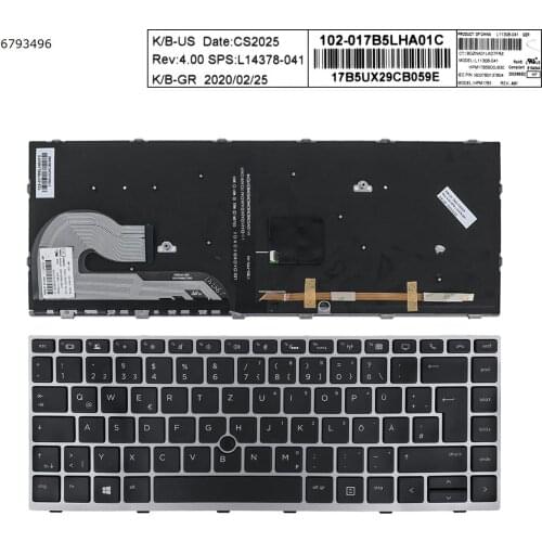 German GR New Replacement Keyboard for HP EliteBook 840 G5 846 G5 745 G5 Laptop Silver Frame Black Key with Backlit & Pointer