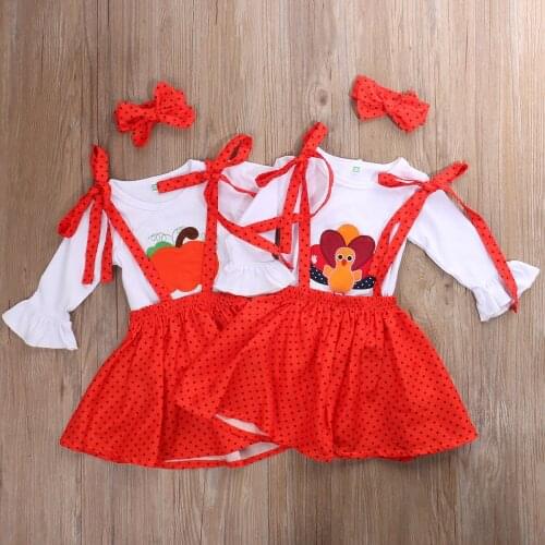 Baby Girls 3 PCS Halloween Outfit Set Long Sleeve Round Neck Ruffle Pumpkin Turkey Top+Short Dot Suspender Skirt+ Bow Hairband