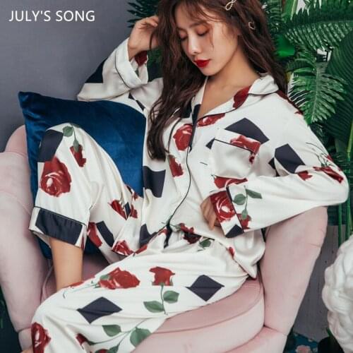 JULYS SONG Rose Pajamas Set Faux Silk Women 2 Piece Flower Printing Retro Elegance Spring Autumn Sleepwear Long Sleeve Homewear