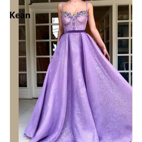Lilac Muslim Evening Dress Spaghetti Straps Crystal vestido de festa Islamic Dubai Kaftan Saudi Arabic Evening Gown Prom Dress