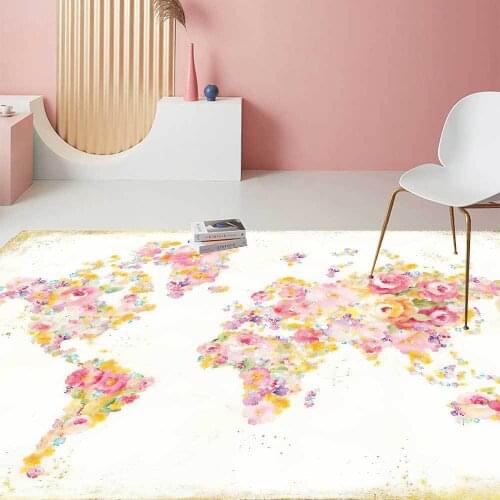 Fresh white abstract carpet watercolor pink flower world map carpet living room bedroom kids room carpet parlor floor mat custom