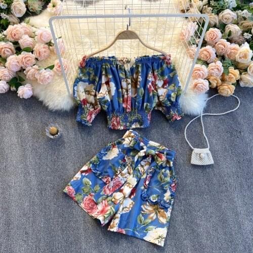Teeuiear Boho sexy off shoulder Floral Print Summer short top two piece outfits suit Women Casual Beach Holiday bandage pants