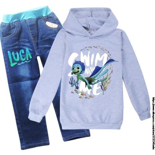 Boys Street Hoodies New movie Luca Girl Crop Top Hip Hop Hooded Sweatshirts Kids Costume Child Denim Pants Clothes Streetwear
