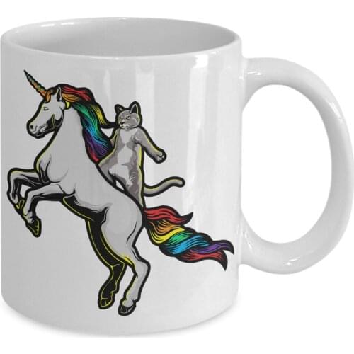 Cat Riding Unicorn Unique Bizarre Rainbow Funny Coffee Mug